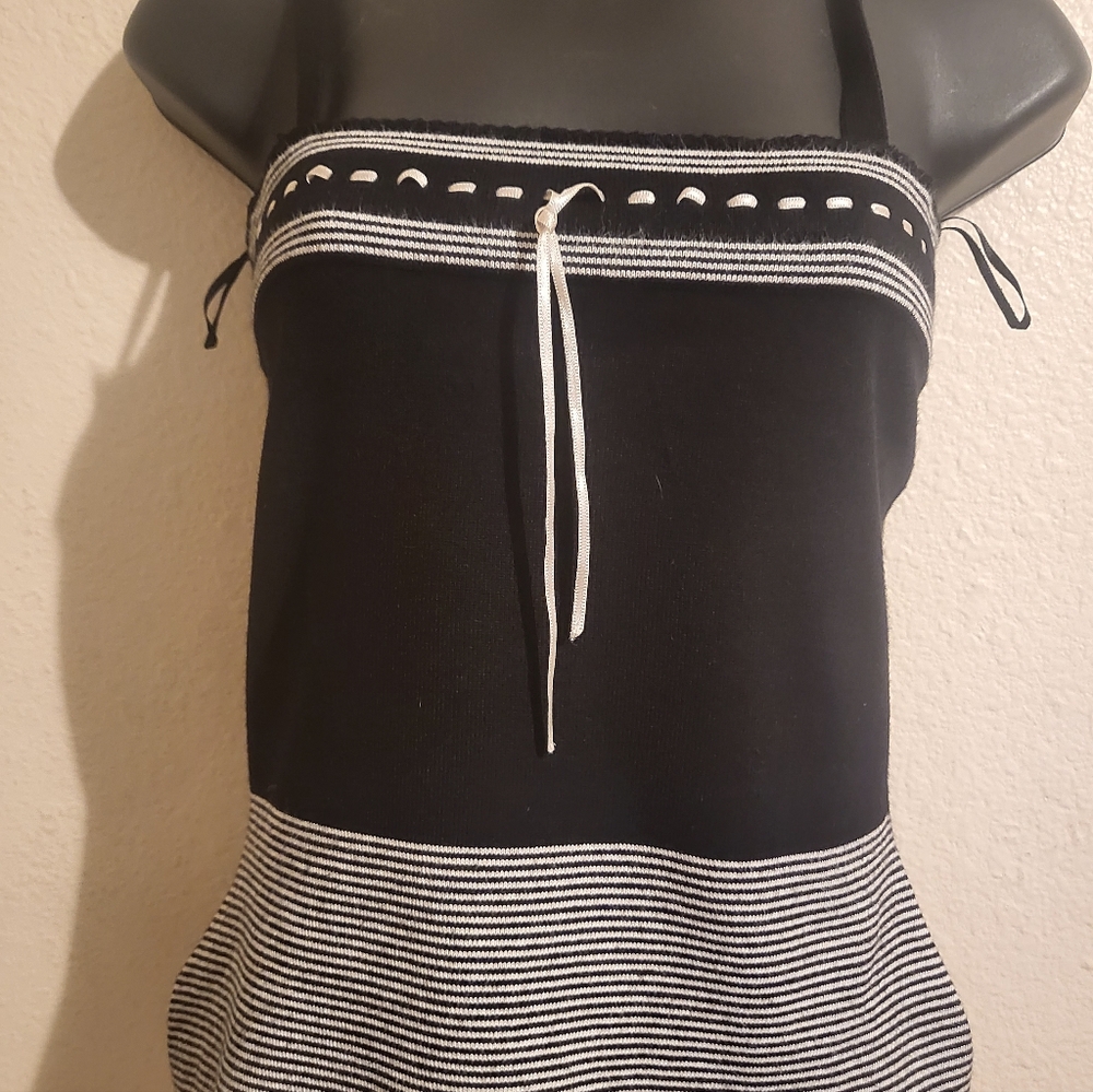 INC International Concepts Black Strapless Knit Tube Top with White Stripe Trim